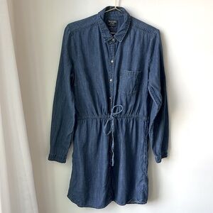 Abercrombie & Fitch Chambray Denim Shirt Dress Tie Waist Button Front Size LT